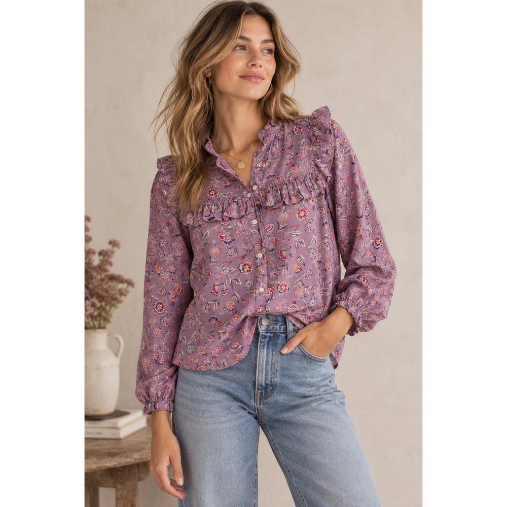 GAP Women Purple Floral Ruffle Button Down Blouse Top XS Long Sleeve Cotton